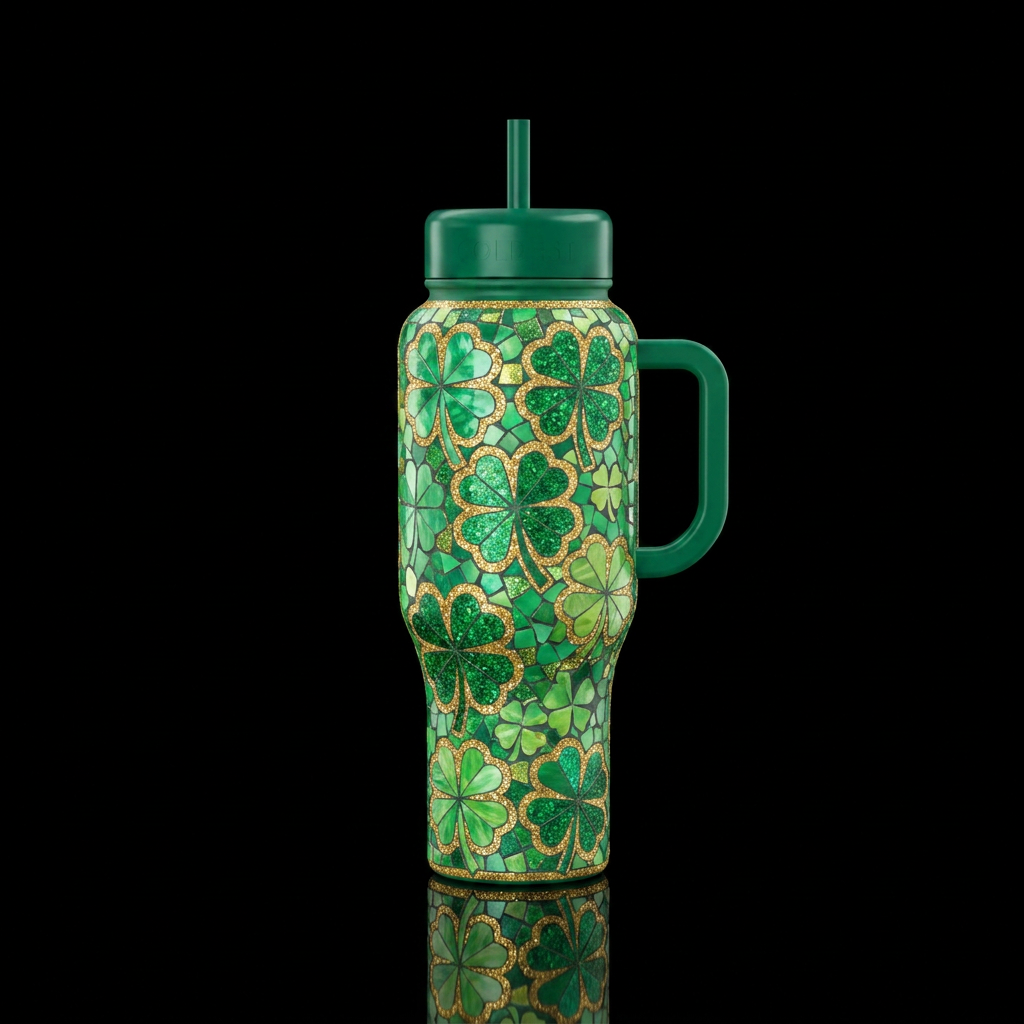 mosaic of 4 leaf clovers with gold glitter and acc... water bottle design