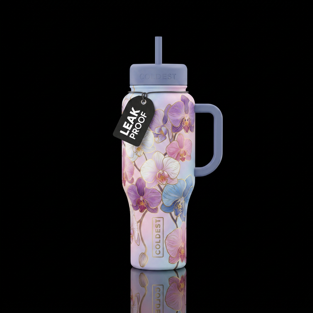 orchids of different colors with golden outlines w... water bottle design