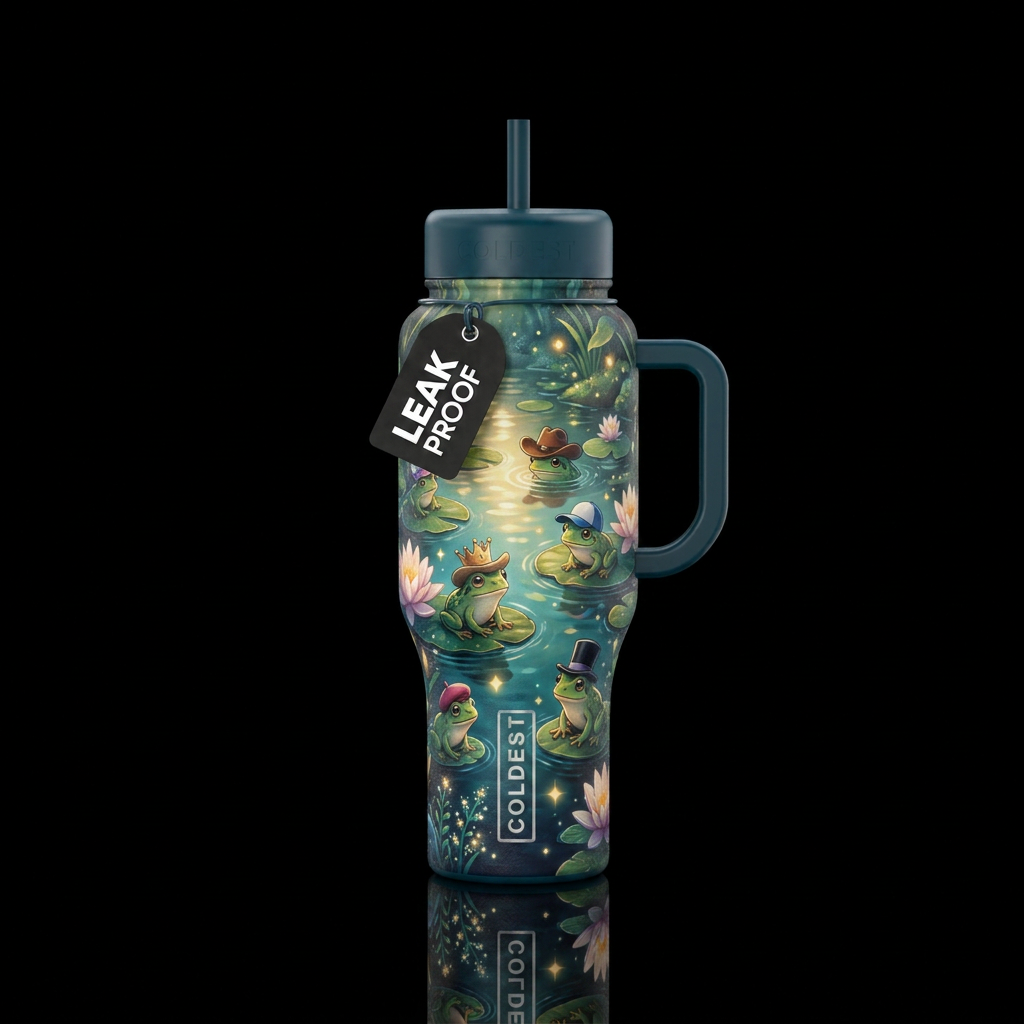 baby frogs on a mystical looking pond with lilipad... water bottle design