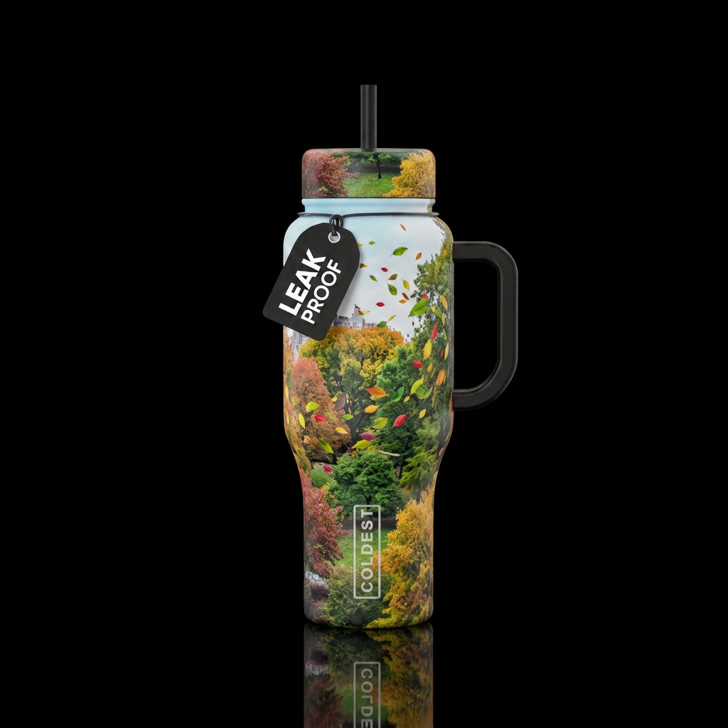 A scene like Central Park with beautiful trees of ... water bottle design