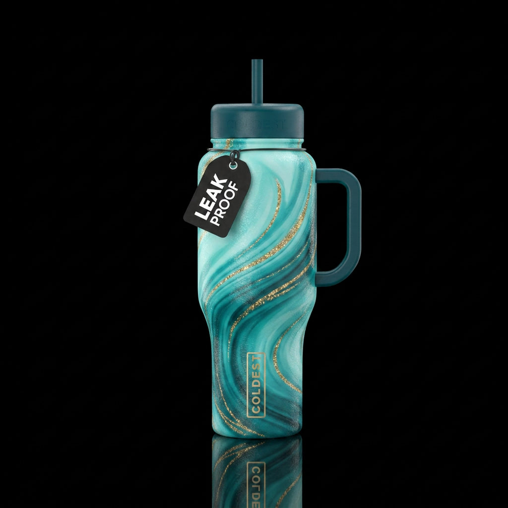 teal ombre in a swirl design with strains on golde... water bottle design
