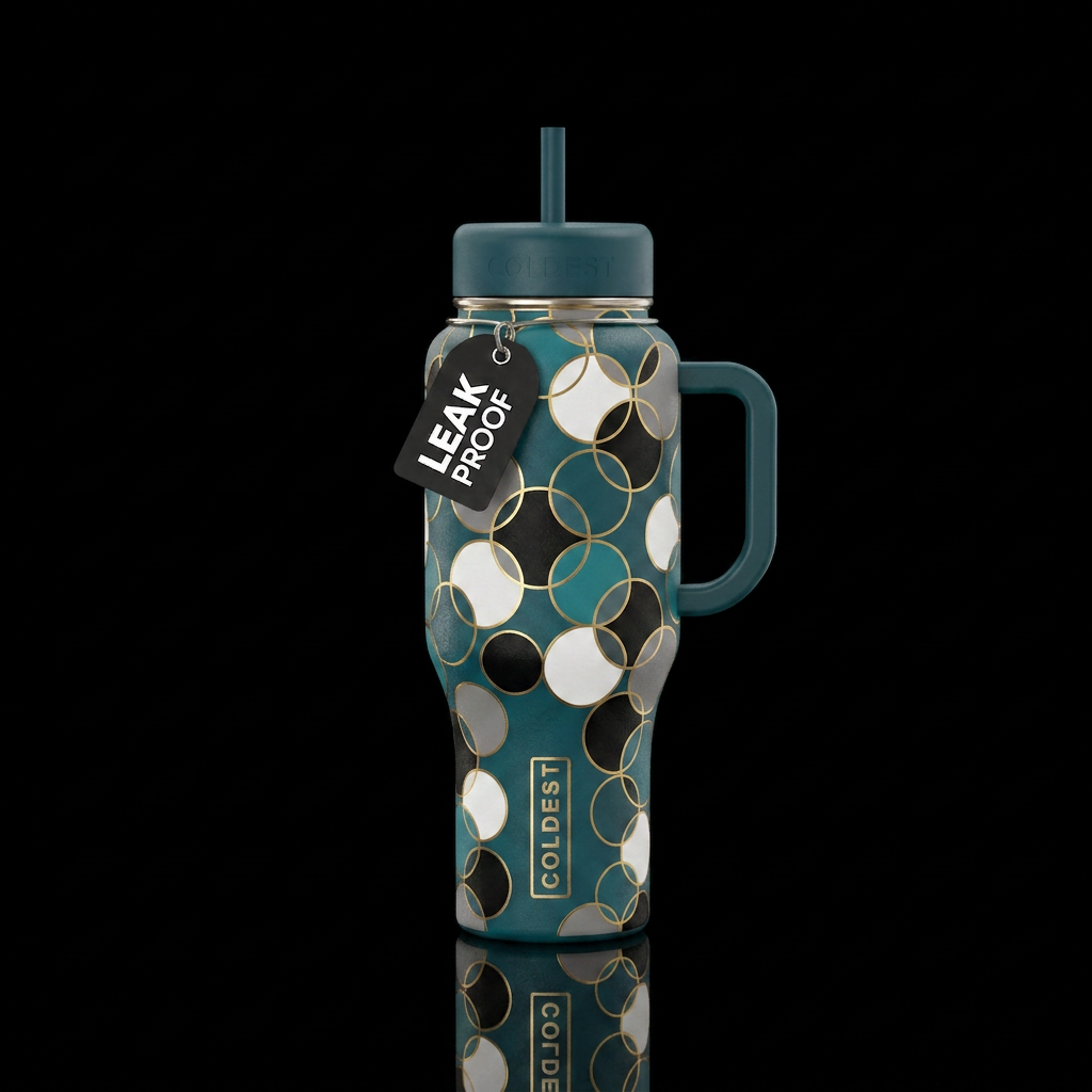 a dark teal background with white, black, gray, an... water bottle design
