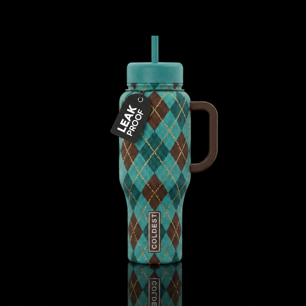 A teal and chocolate argyle print with threads of ... water bottle design