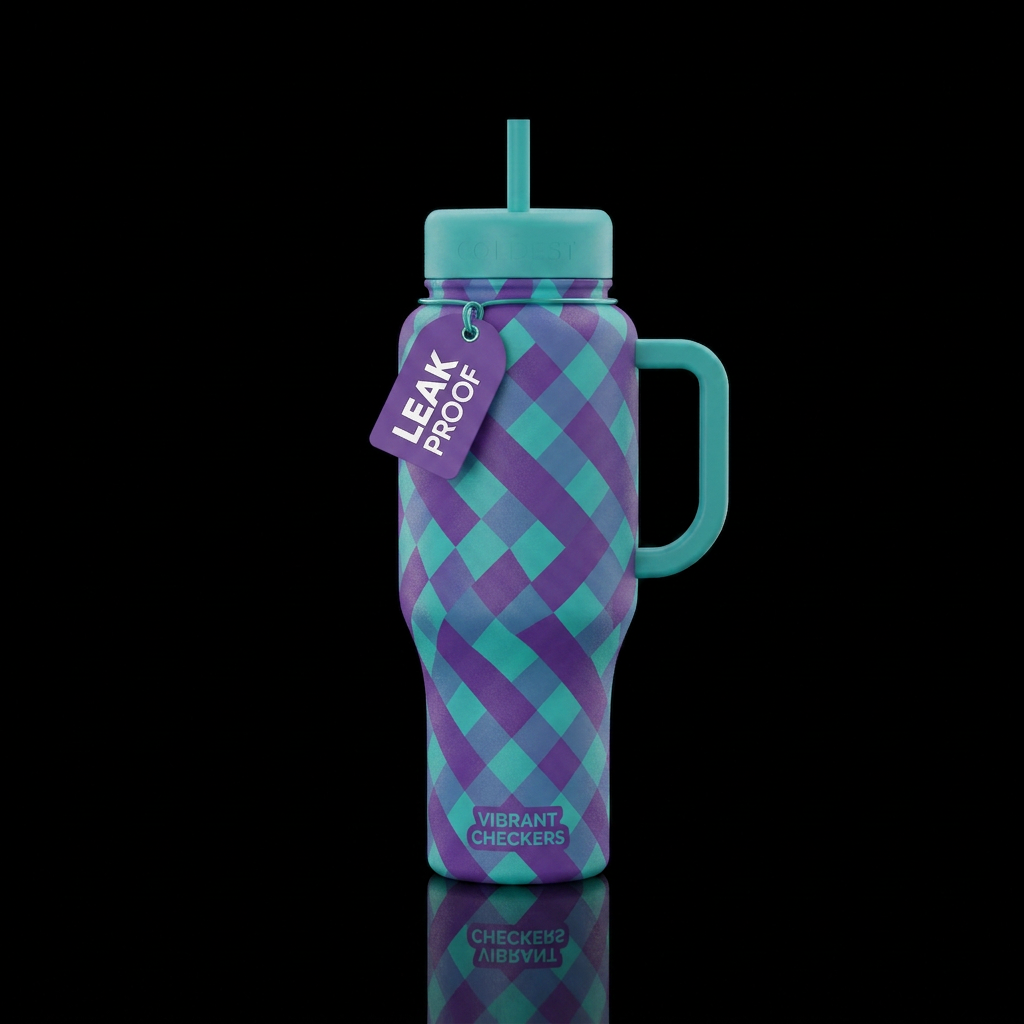diagonal checkers purple and teal water bottle design