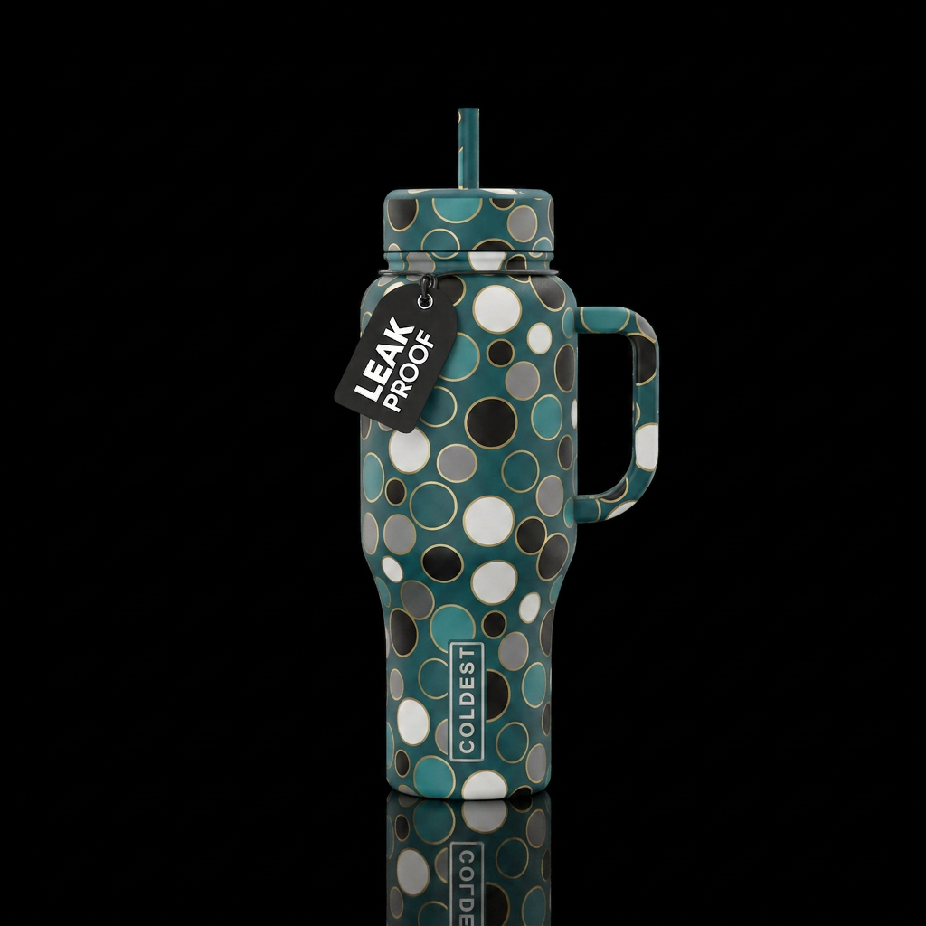 a dark teal background with white, black, gray, an... water bottle design