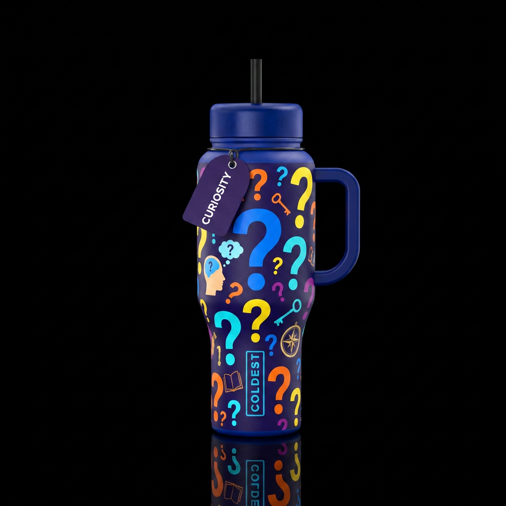 a bottle about curiosity with contrasting colors a... water bottle design