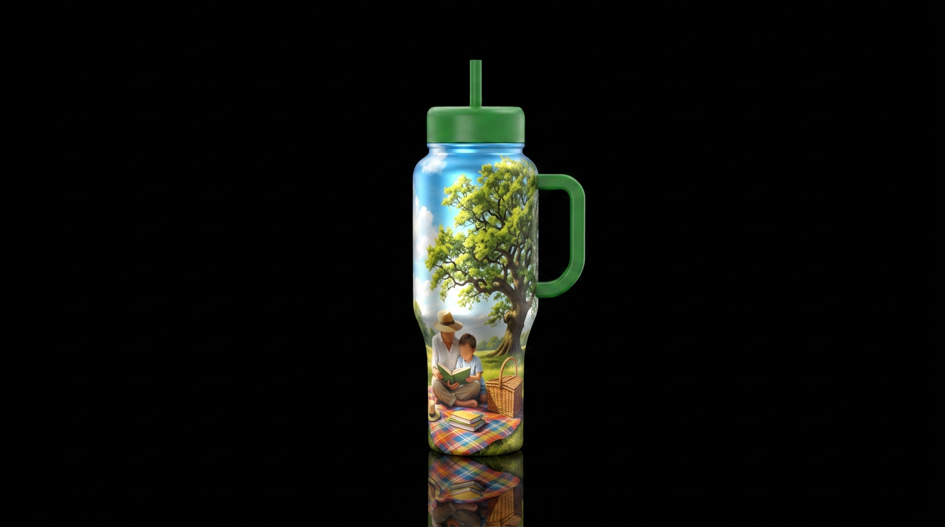 an indistinct adult figure reading a stack of book... water bottle design