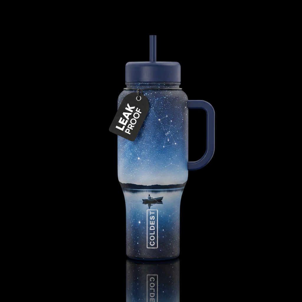 a sky full of starts with clear constellations tha... water bottle design