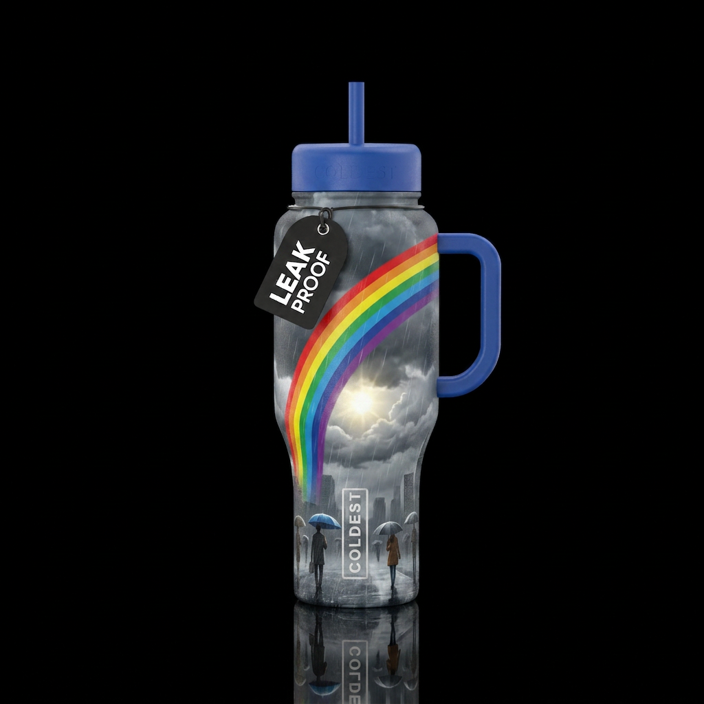 a bottle that emphasizes a bold rainbow. it should... water bottle design
