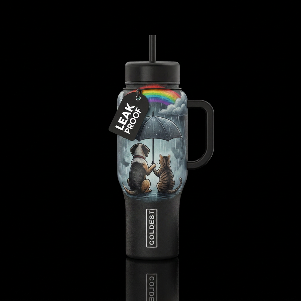 A dog and cat holding hands, viewed from the back,... water bottle design
