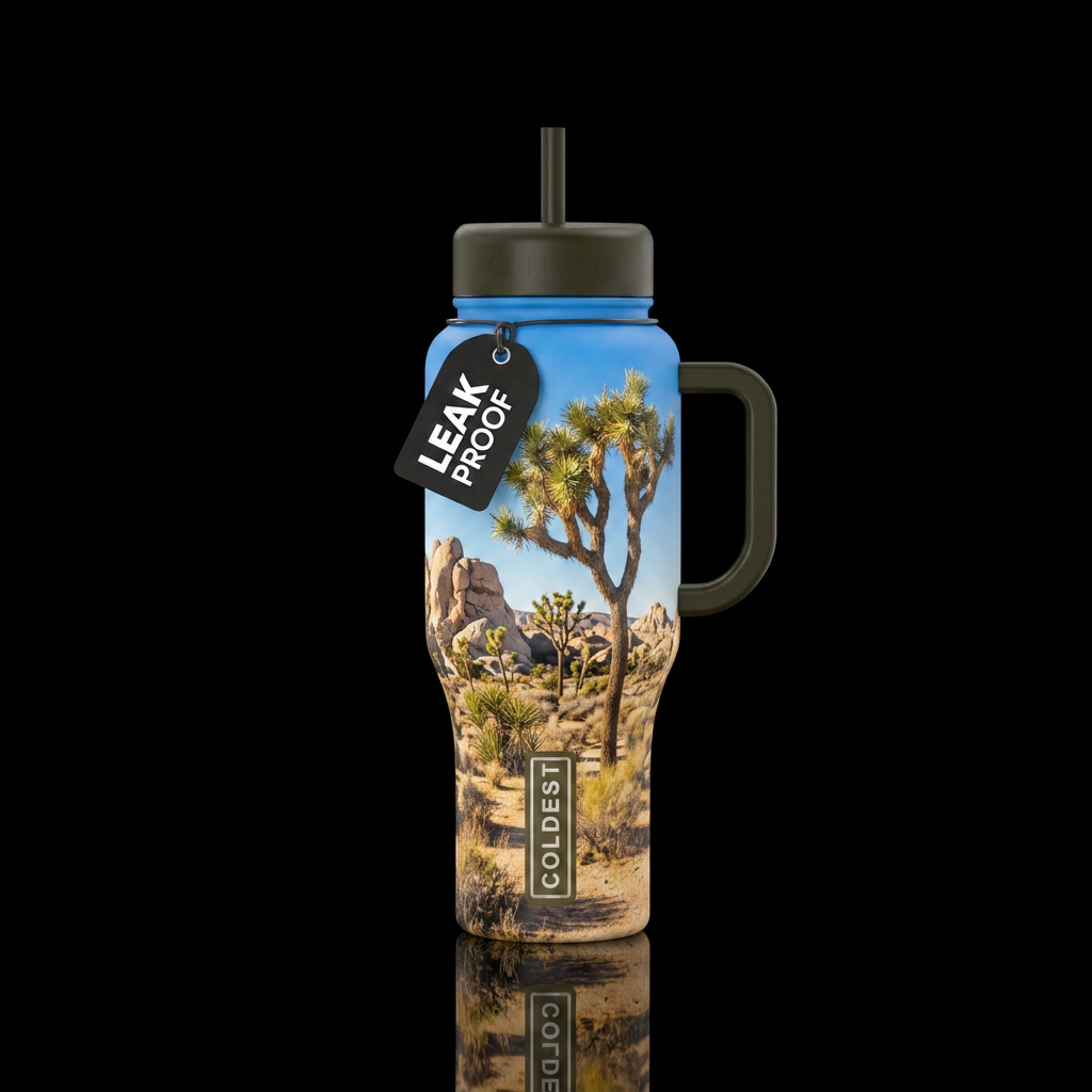 a bottle featuring joshua tree on a sunny day water bottle design