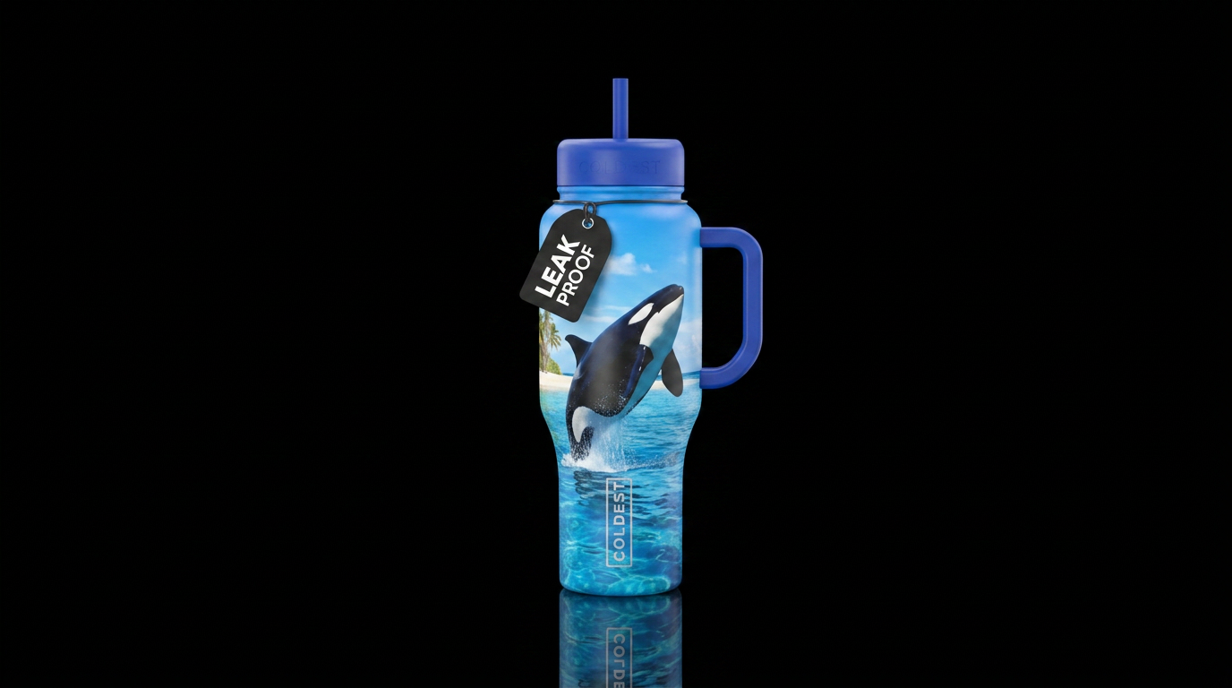 an orca whale jumping out of a beautiful blue crys... water bottle design