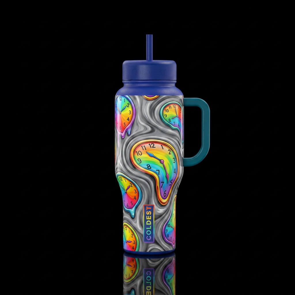 a gray swirly background with clocks that are brig... water bottle design