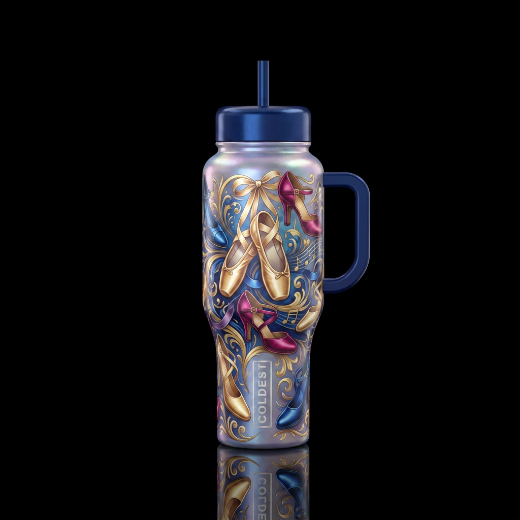 different types of dancing shoes with an elegant b... water bottle design