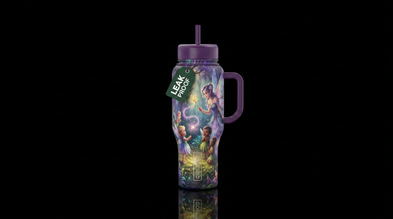 a teacher fairy instructing baby fairies on how to... water bottle design