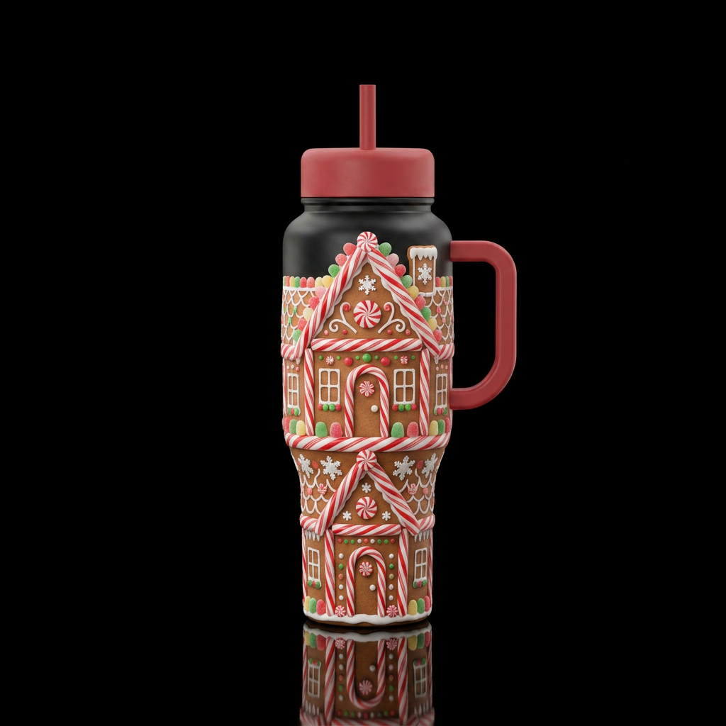 A gingerbread house made up of candy canes with va... water bottle design