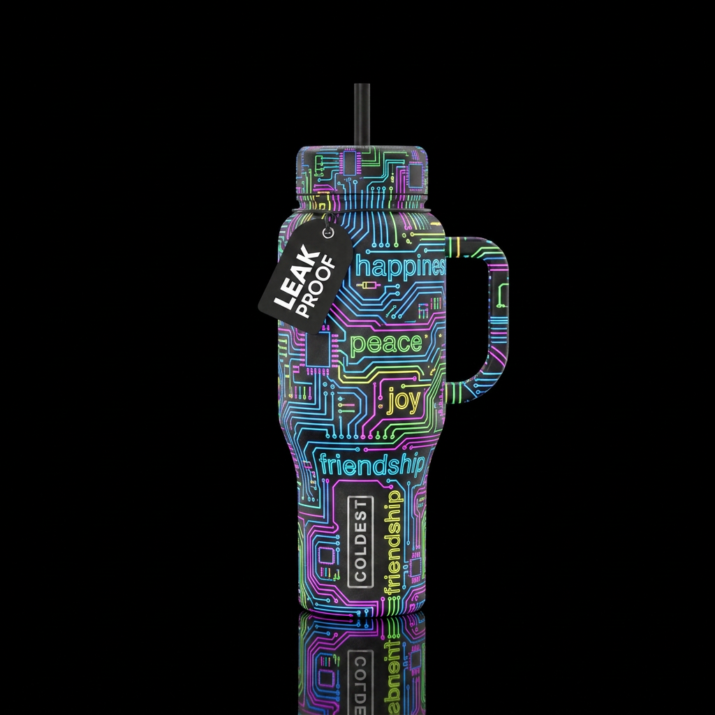 a bottle that looks like a circuit board with neon... water bottle design