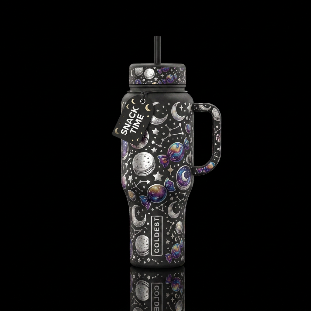 Black bottle with a silver moonlight snack print water bottle design
