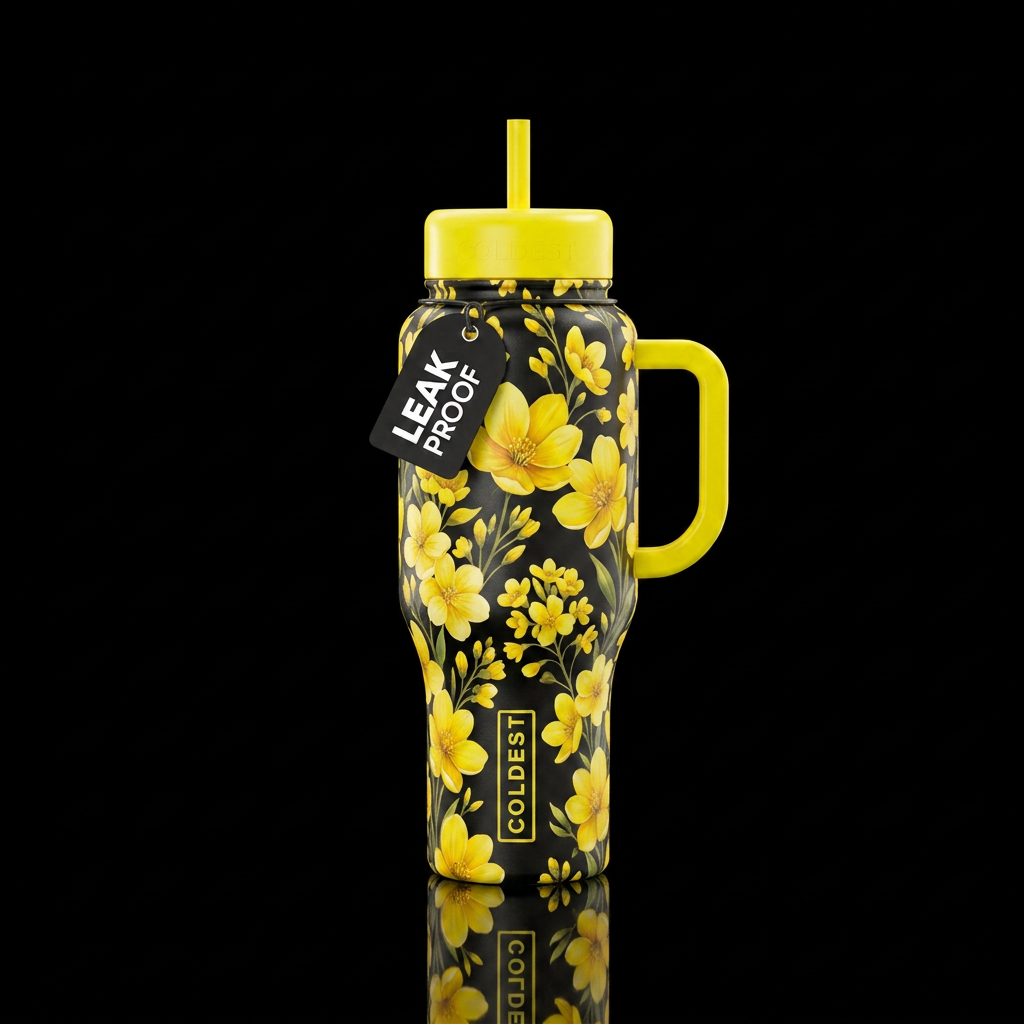 Yellow flowers wrapped around a springtime theme w... water bottle design