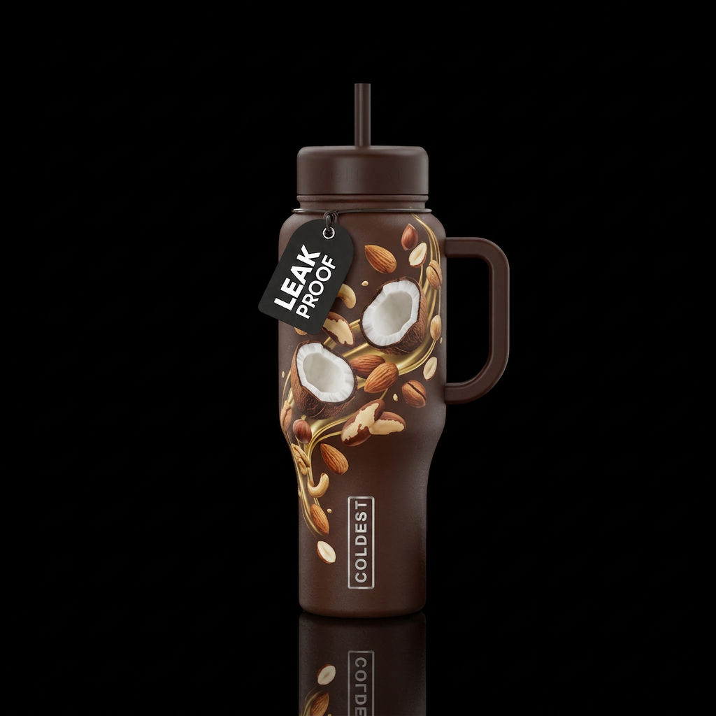 a chocolate colored cup with brown handles that fe... water bottle design