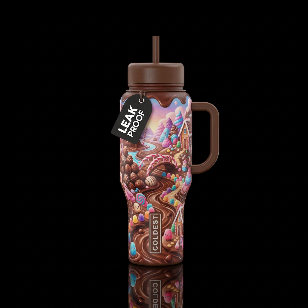 a chocolate playland that is dreamy, whimsical, fa... water bottle design