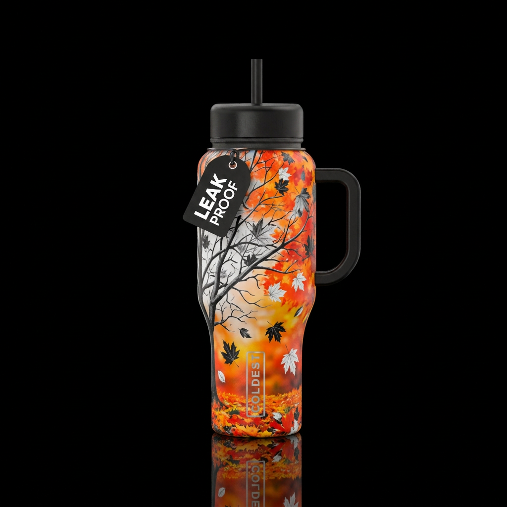 a fall scene with leaves falling from the trees, b... water bottle design