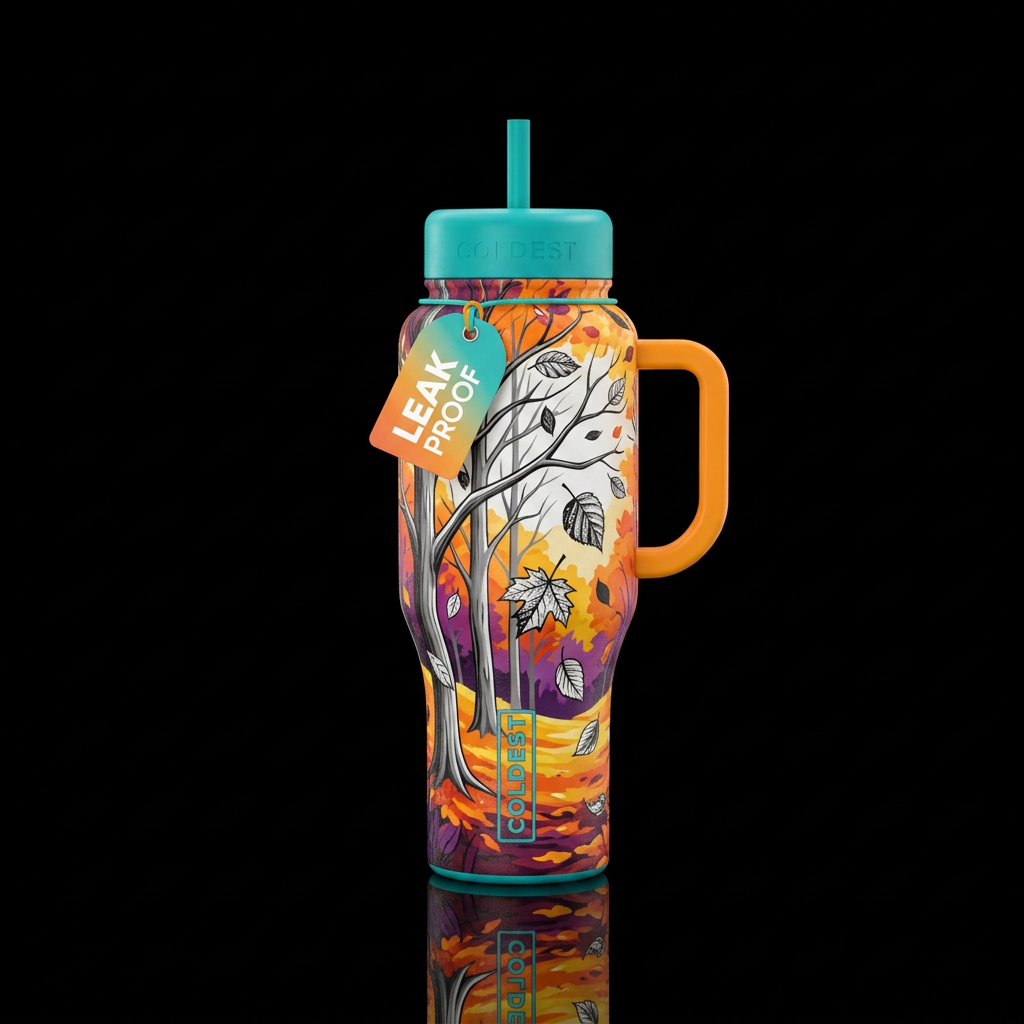 a fall scene with leaves falling from the trees, b... water bottle design