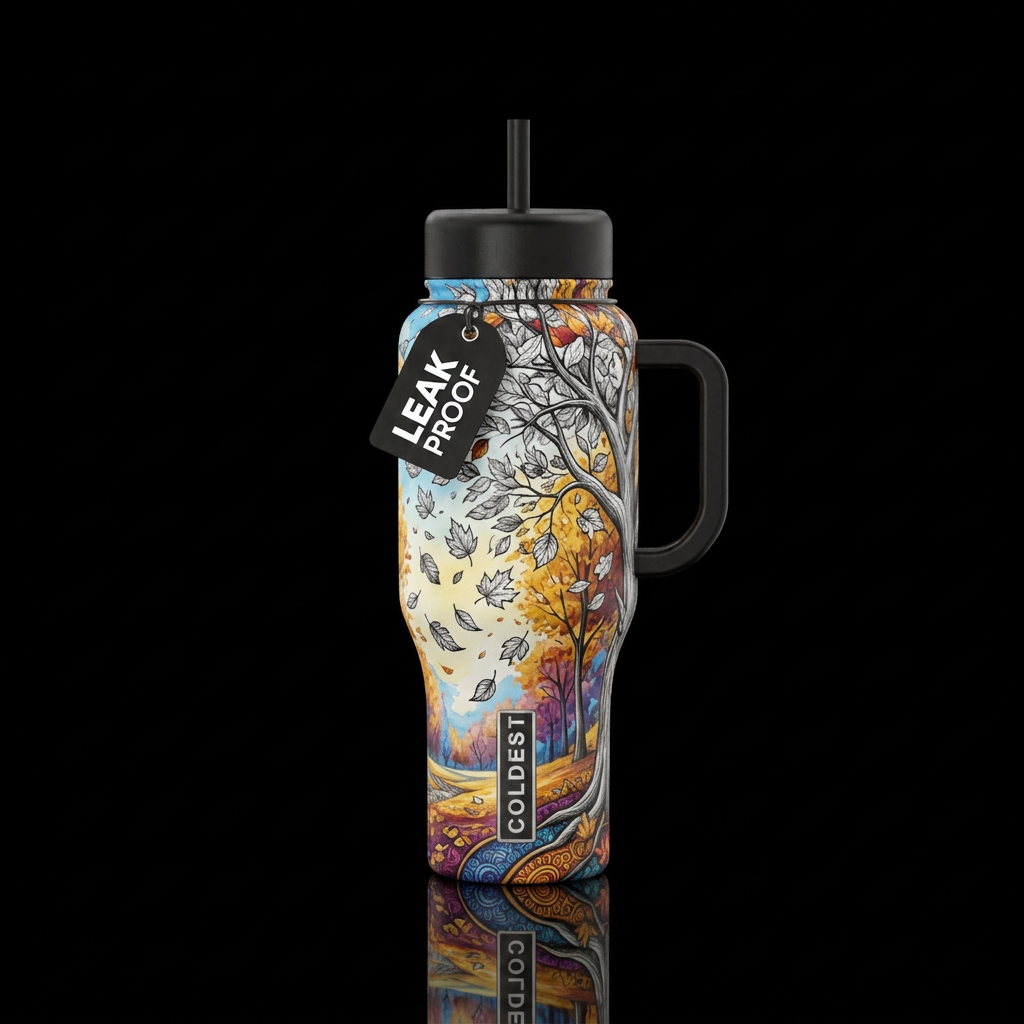 a fall scene with leaves falling from the trees, b... water bottle design