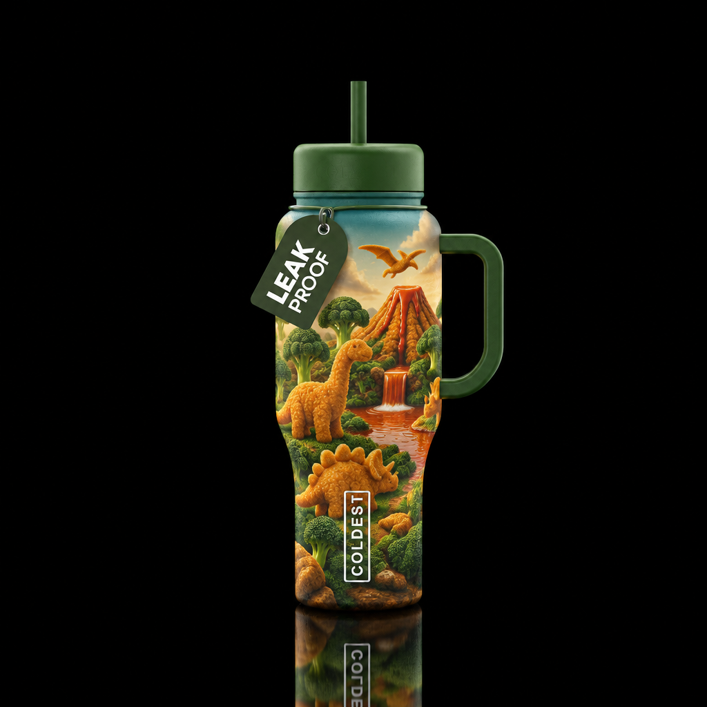 Dino Nuggets water bottle design