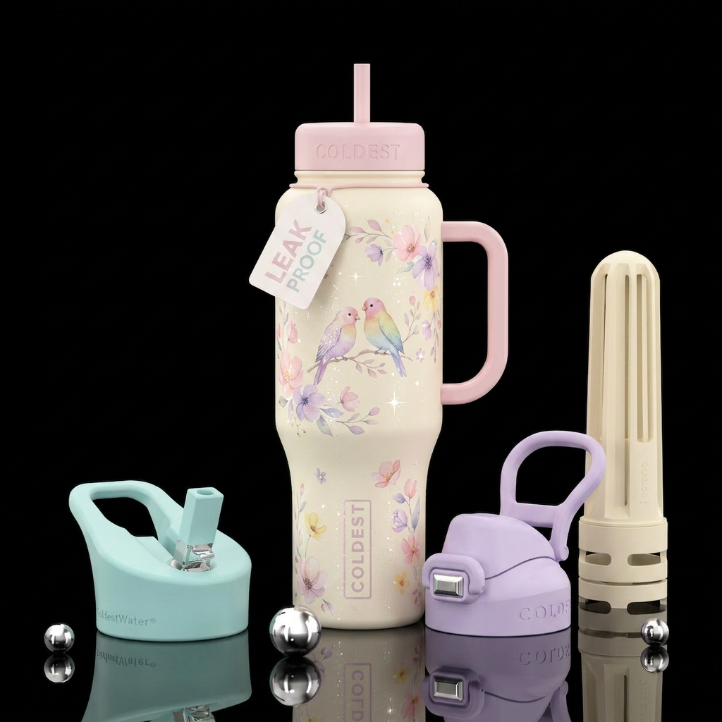 love birds, pastel, sparkles, florals water bottle design