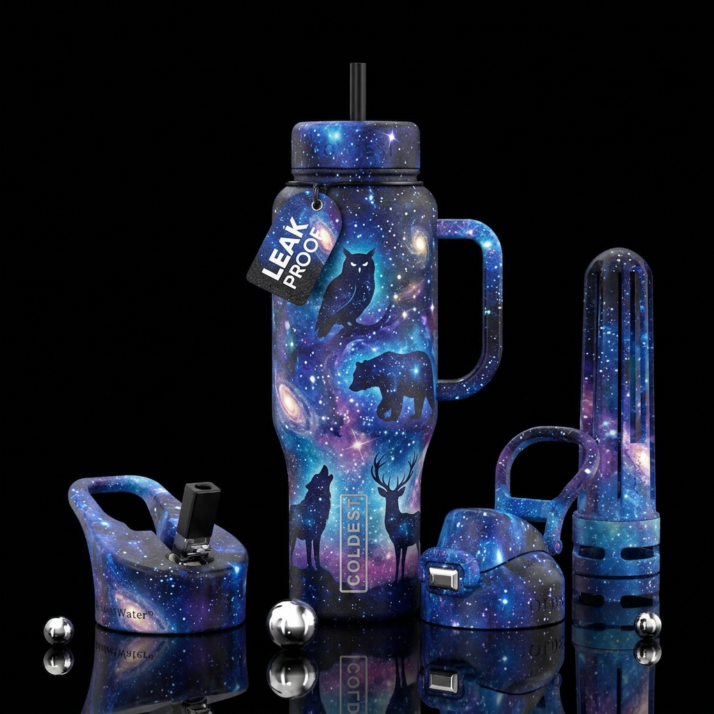 starry night, sparkles, animals water bottle design