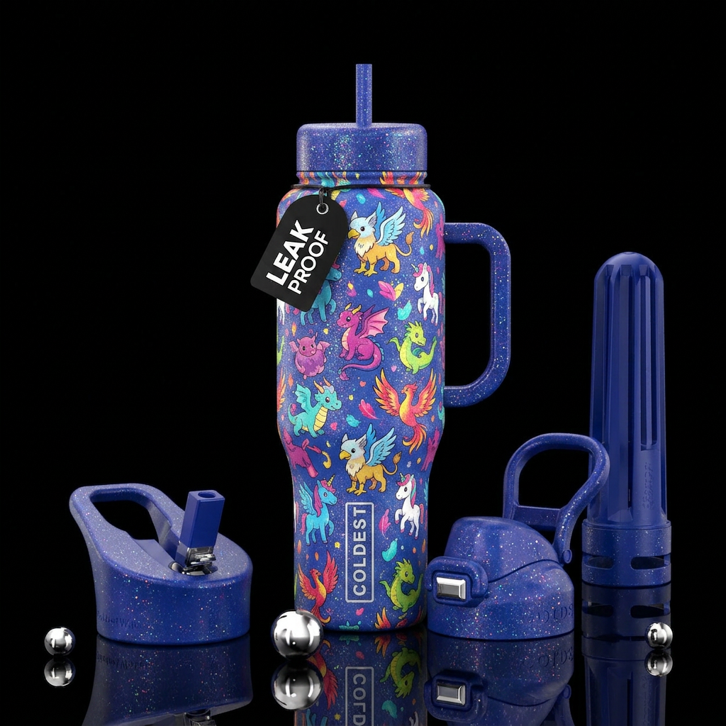 mythical animals, cartoonish, bright colors, spark... water bottle design