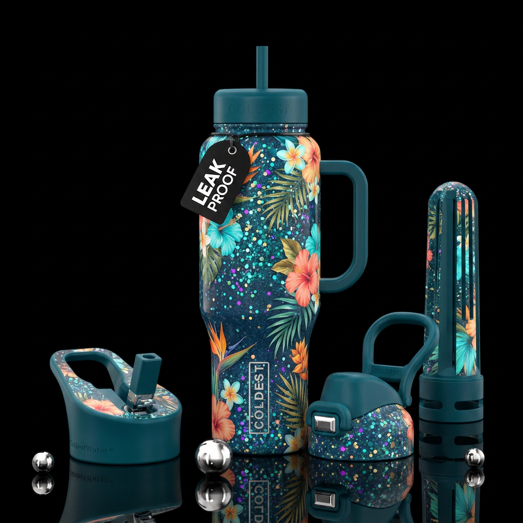 tropical florals, sparkle, beach glitter backgroun... water bottle design