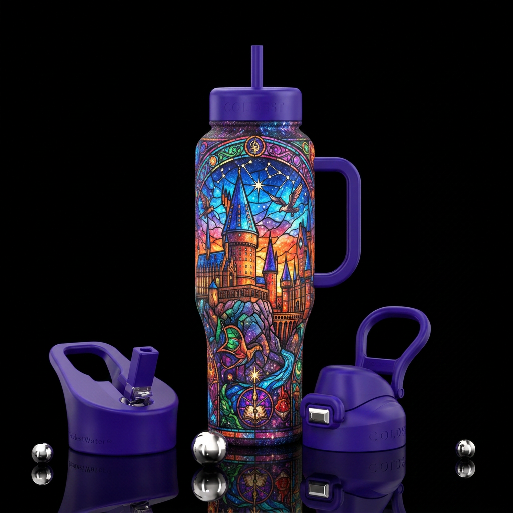 castle cup, wizarding castle, magic, stained glass... water bottle design