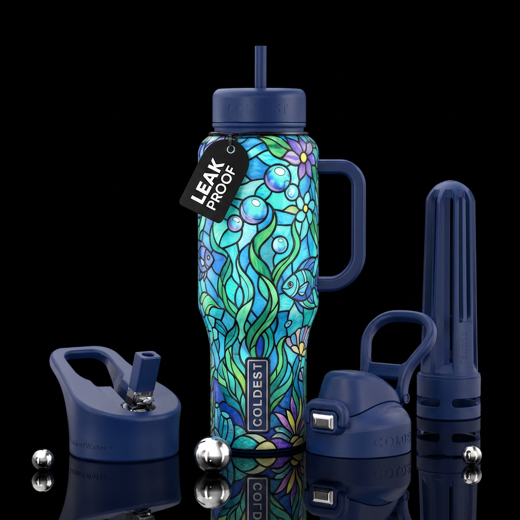 ocean theme, bubbles, garden,, stained glass, drea... water bottle design