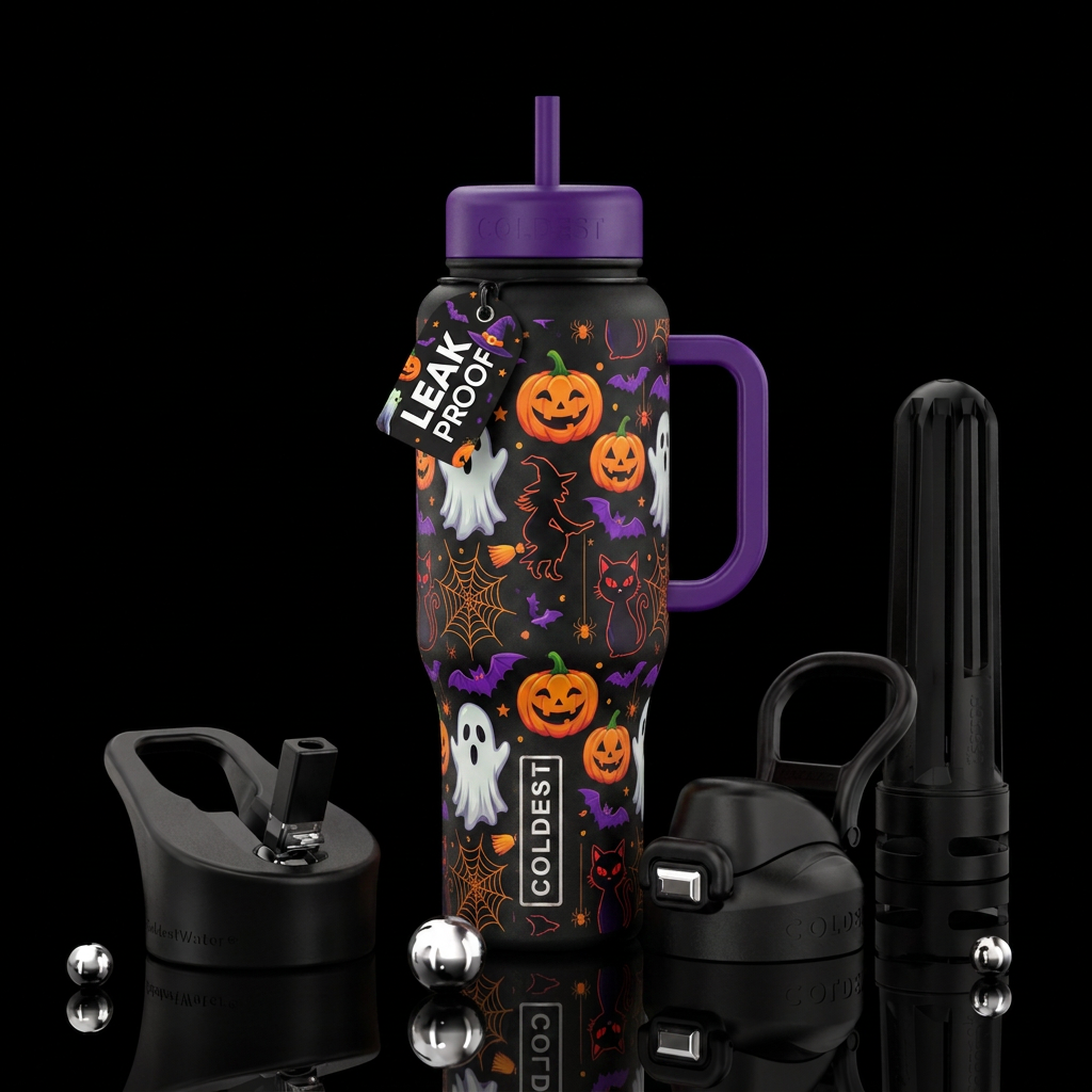 Ghosts, jack-o-lanters, witches, bats, spiders, bl... water bottle design