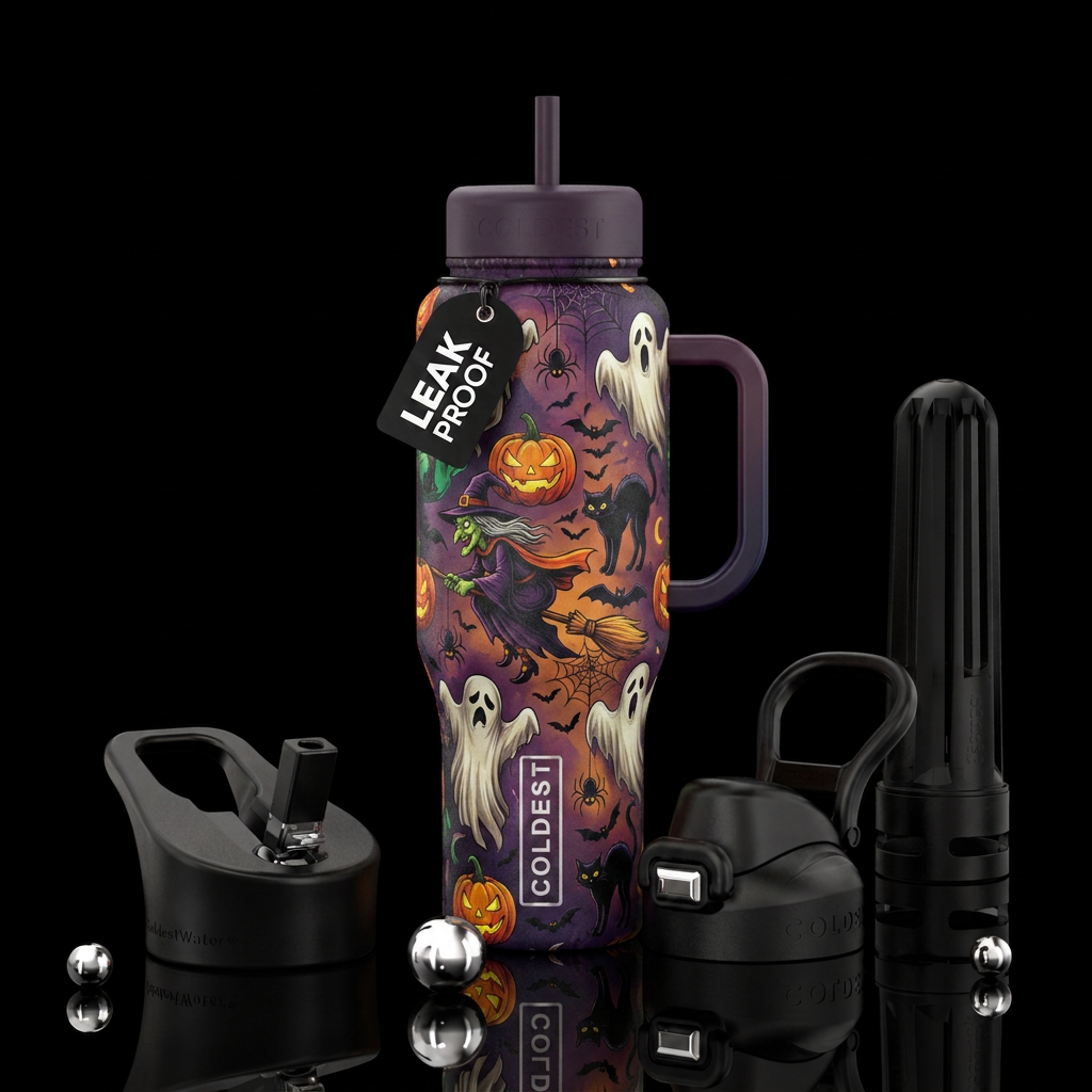 Scary Ghosts, jack-o-lanters, witches, bats, spide... water bottle design