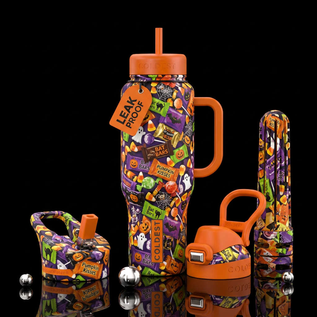 Lots of candy with Halloween wrappers water bottle design