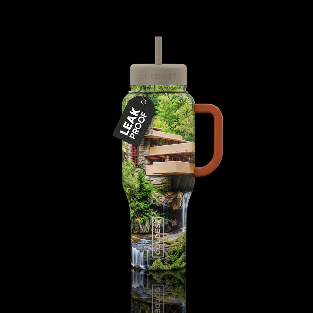 Frank Lloyd Wright Falling Water, photorealistic, ... water bottle design