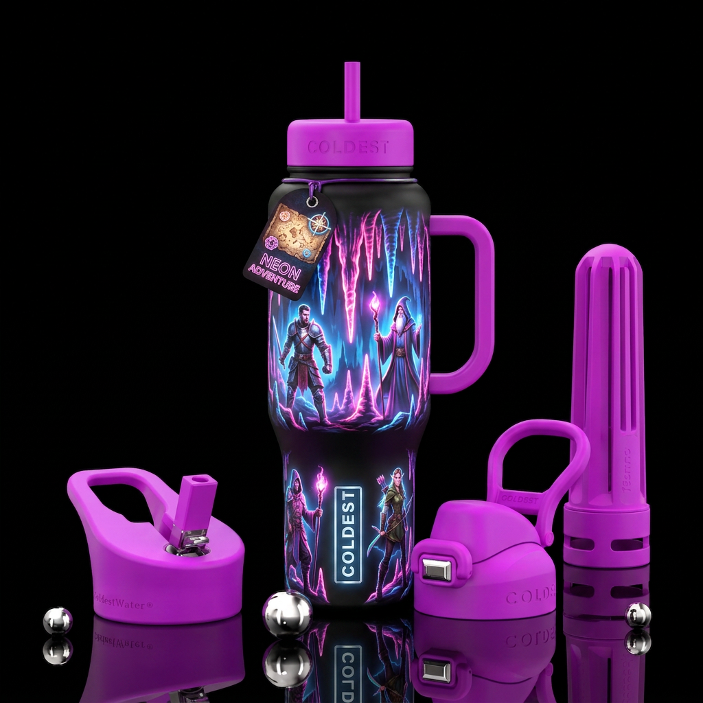 neon stalactites with dungeons and dragons adventu... water bottle design