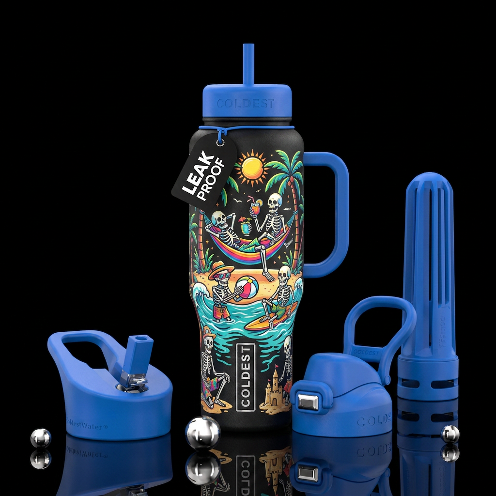 Skeletons enjoying a beach day water bottle design