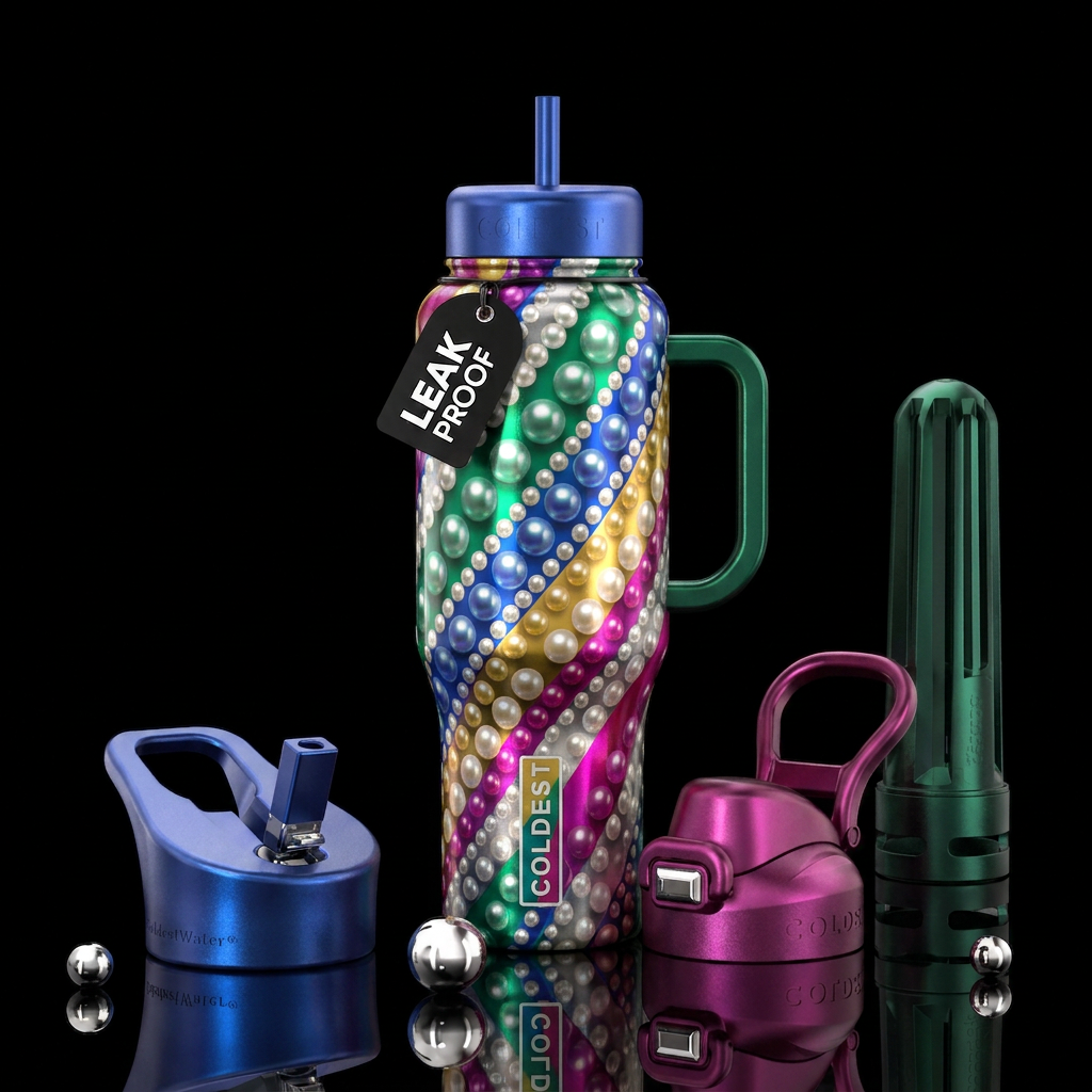 Pearls, gift wrapping paper, shiny water bottle design