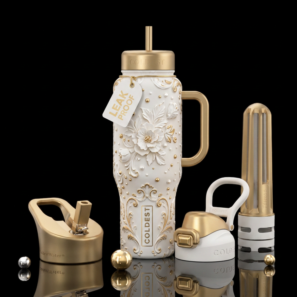 white wedding cake with gold accents and gold pear... water bottle design