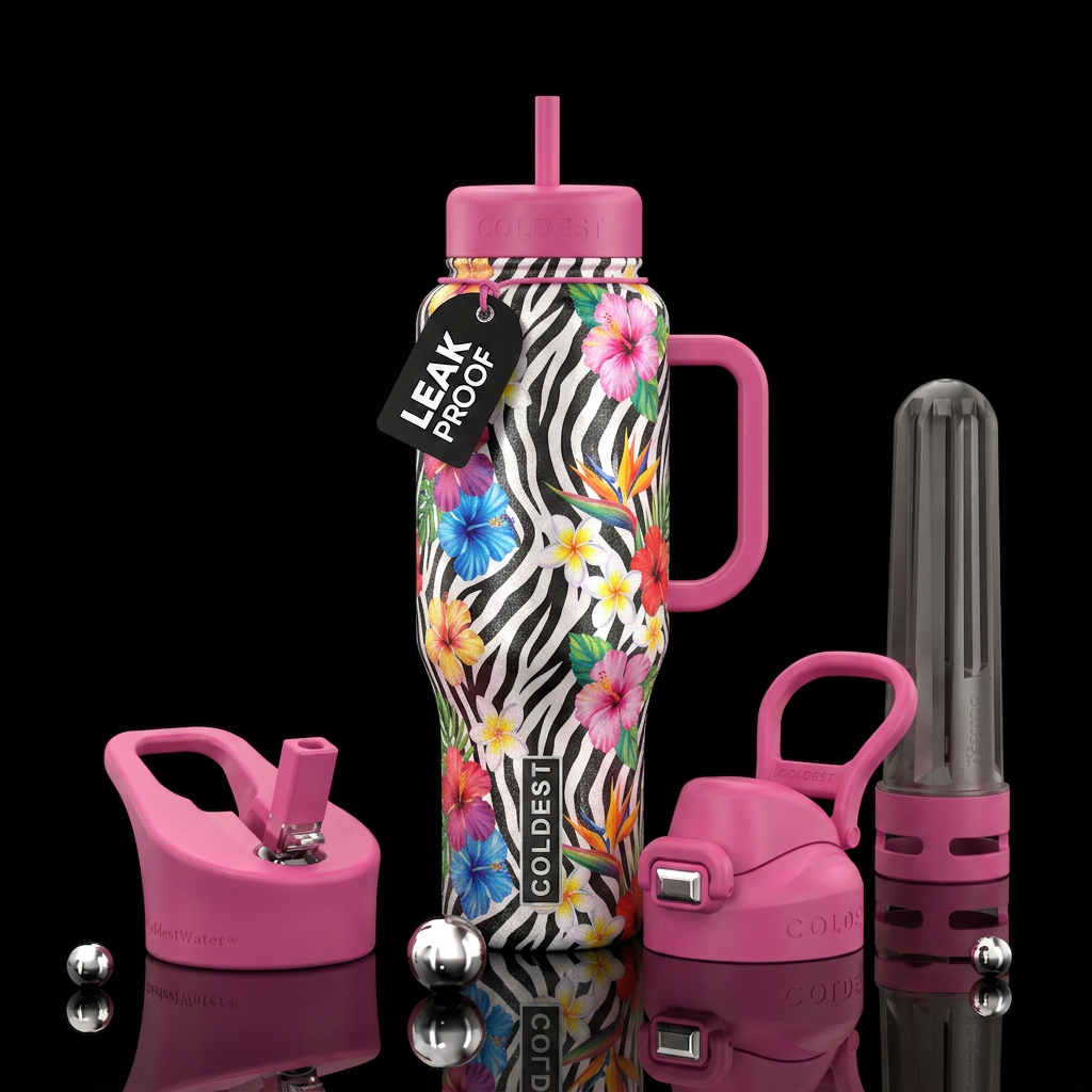 black and white zebra striped with colorful flower... water bottle design