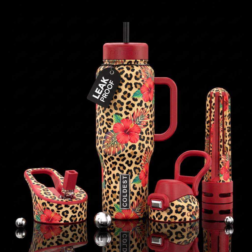 Leopard print, red hibiscus, pretty, epic, colorfu... water bottle design