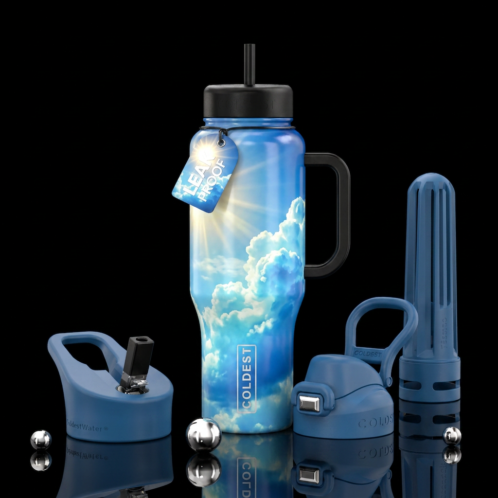 blue skies, clouds, sunshine, water bottle design