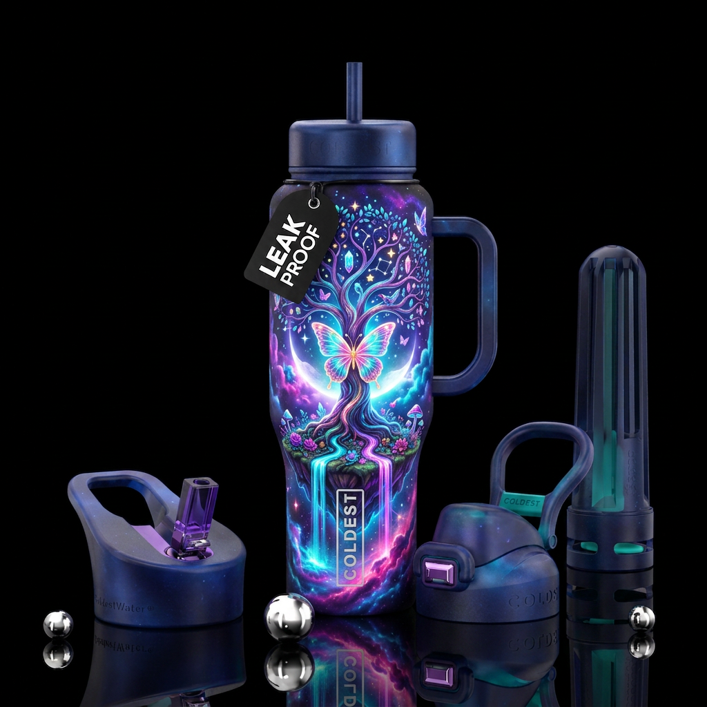 Create an extraordinary fantasy artwork featuring ... water bottle design