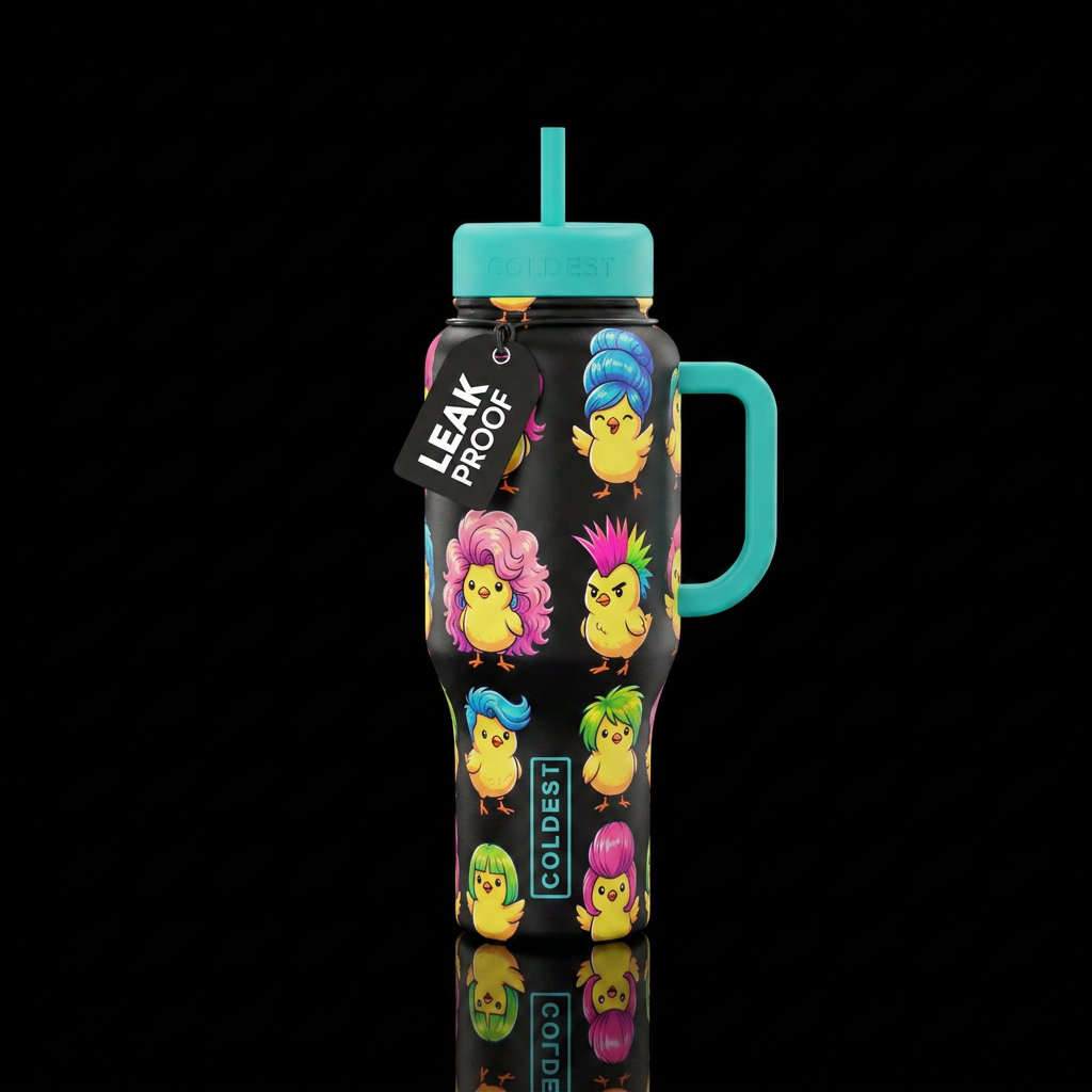 Cartoon chicks wearing silly wigs water bottle design