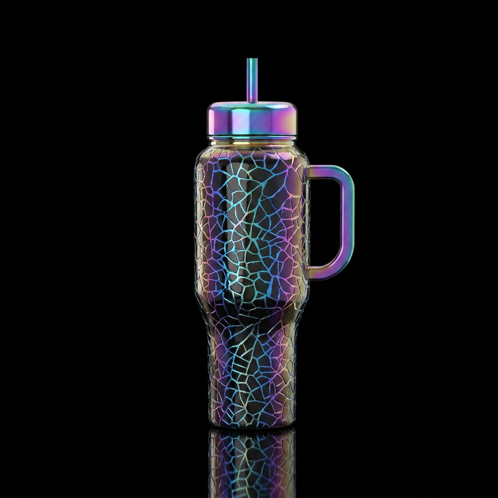 Broken glass cracks, iridescent, beautiful water bottle design