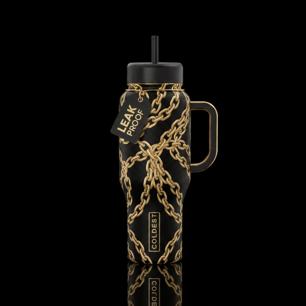 Gold chain links on black bottle. water bottle design